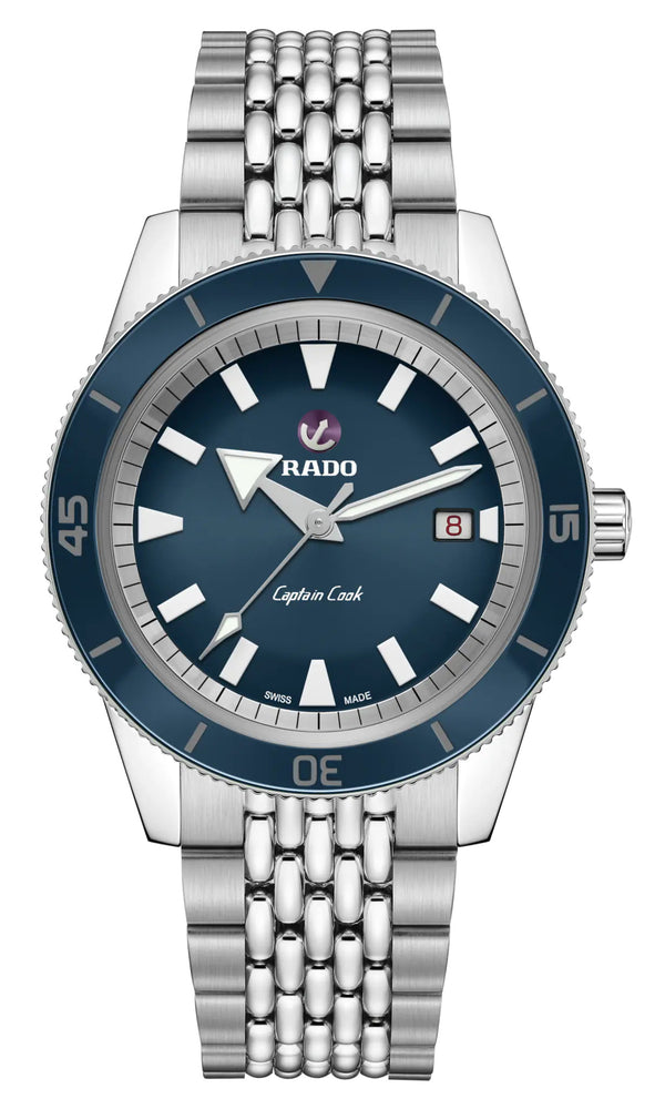 Rado watch with blue dial and silver metal bracelet on a white background