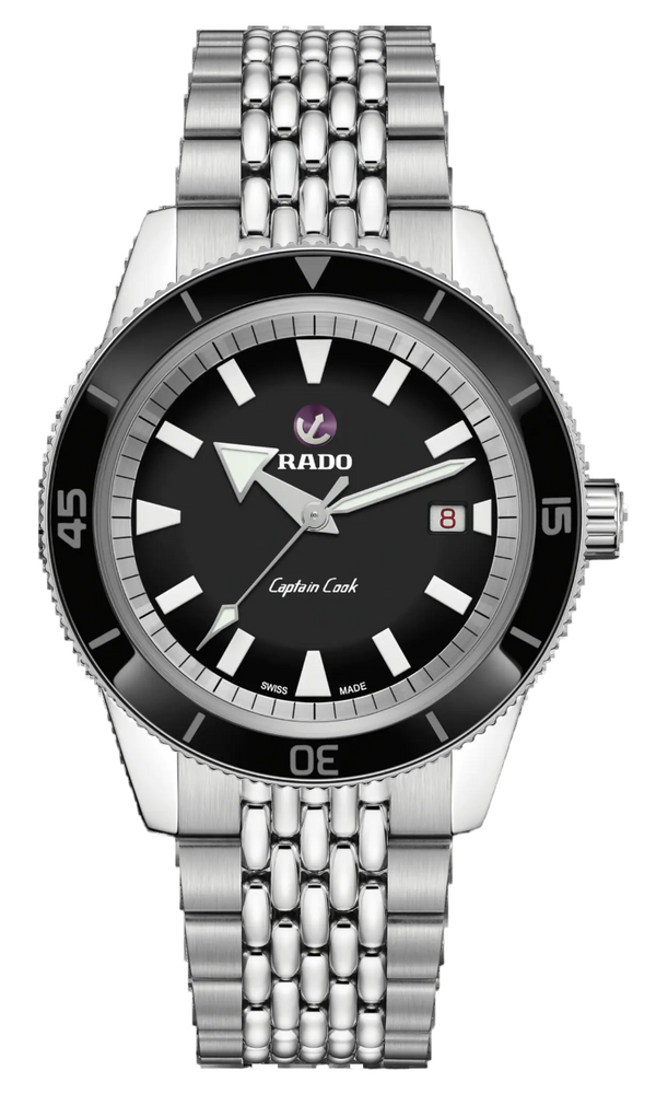 Silver Rado watch with black dial on a white background