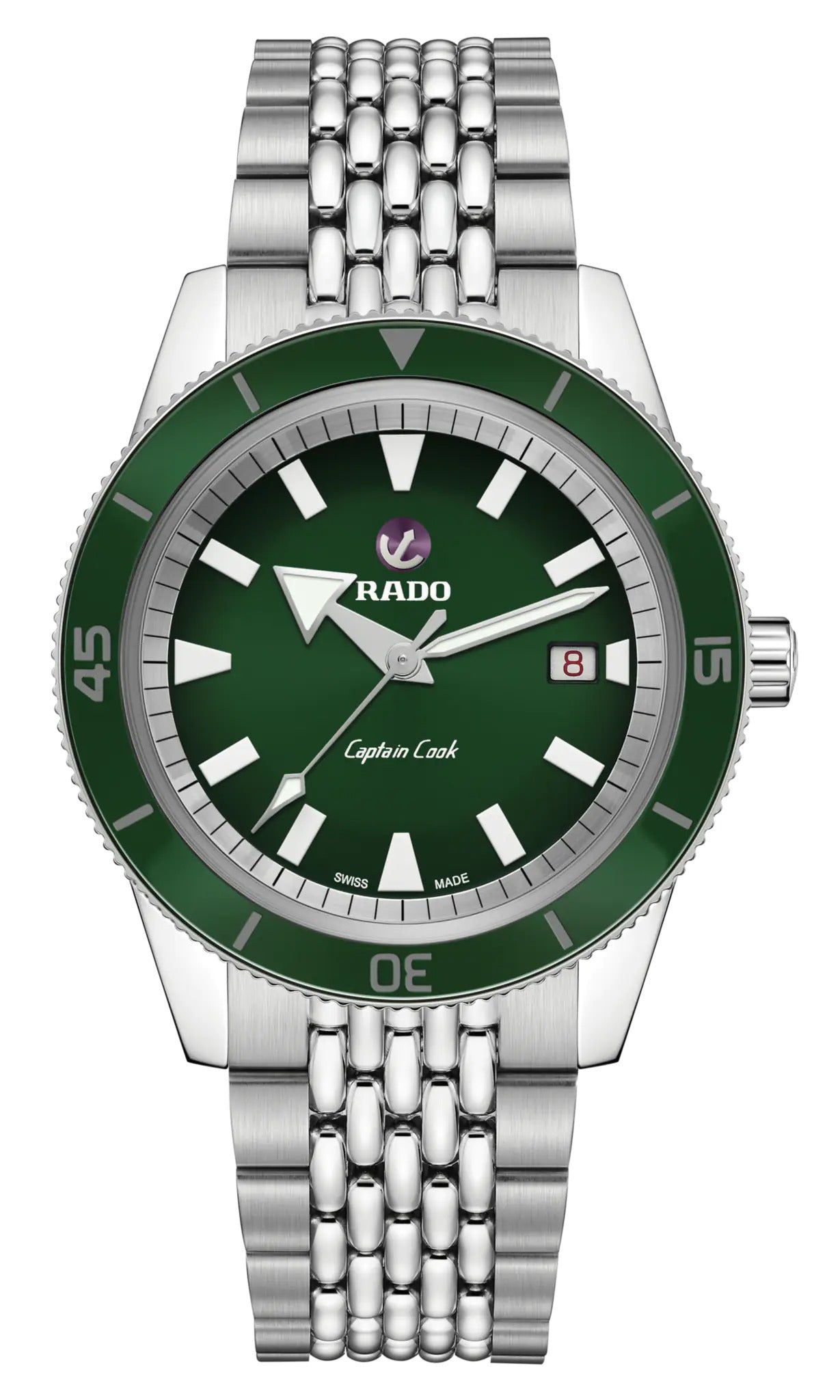 Green watch with silver bracelet on a white background