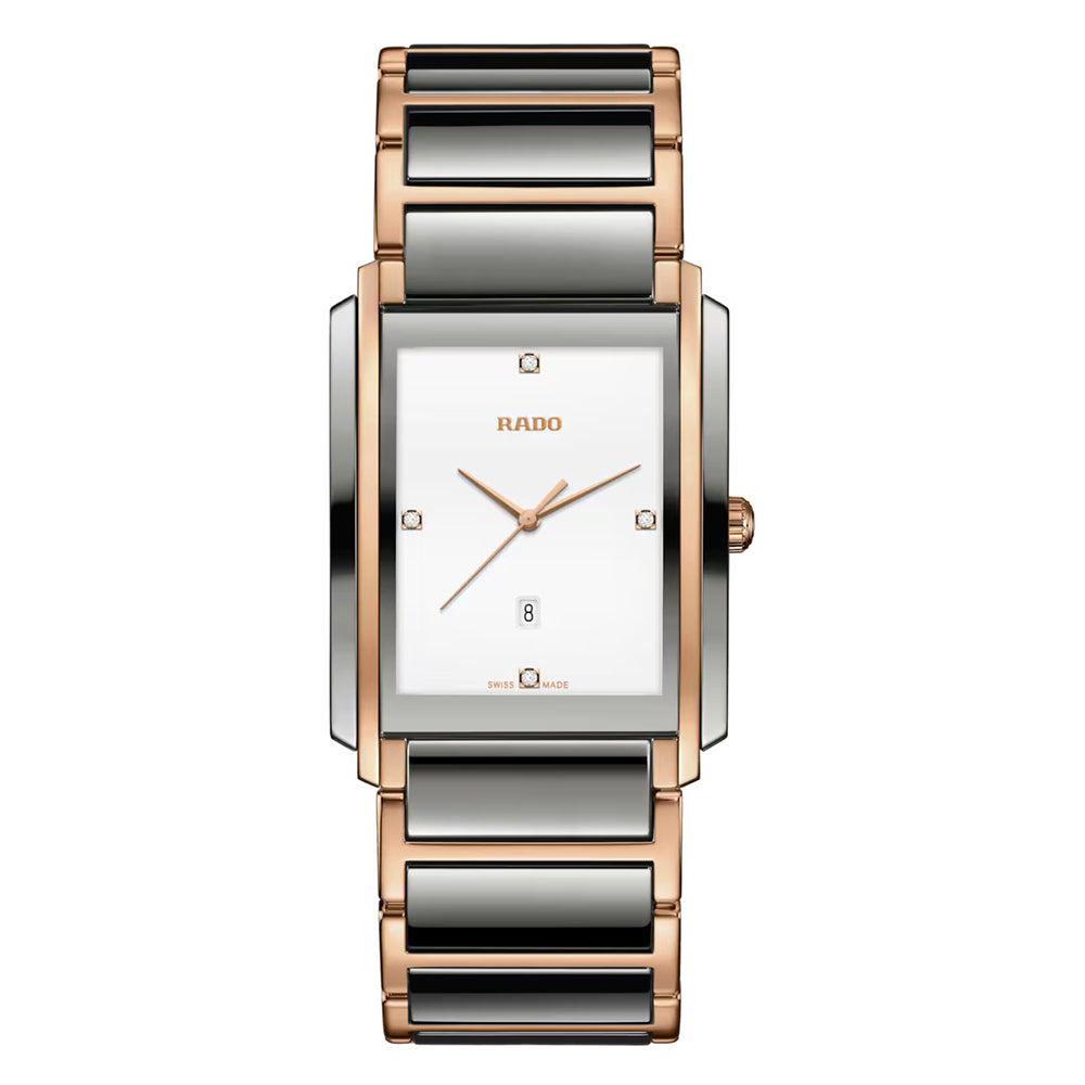 Rado watch with silver and rose gold band on a white background