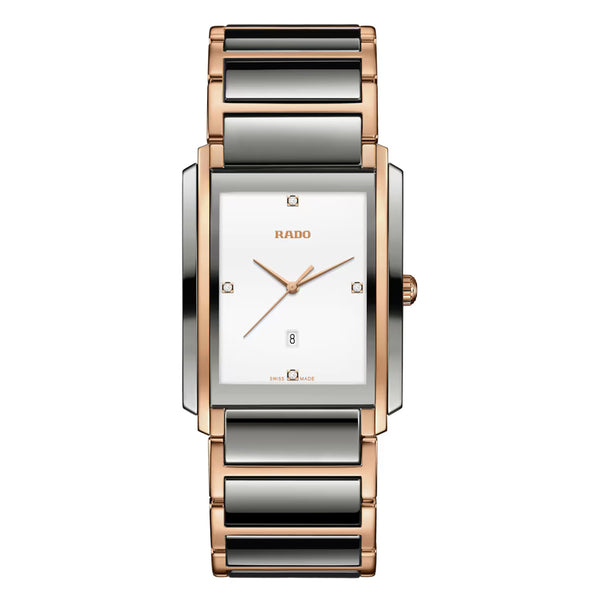 Rado watch with silver and rose gold band on a white background