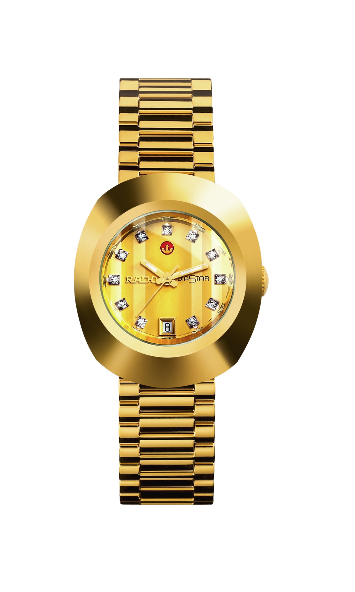 Gold wristwatch with diamond-studded face on a white background