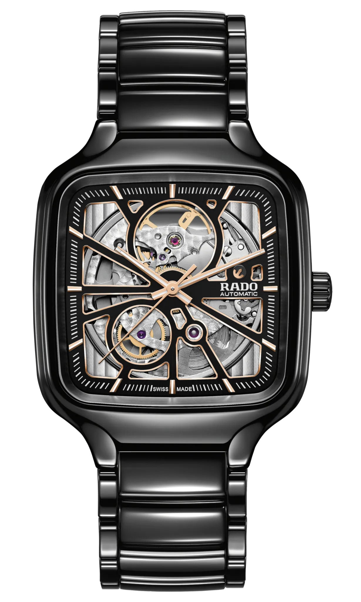 Black mechanical watch with visible brand name on a white background