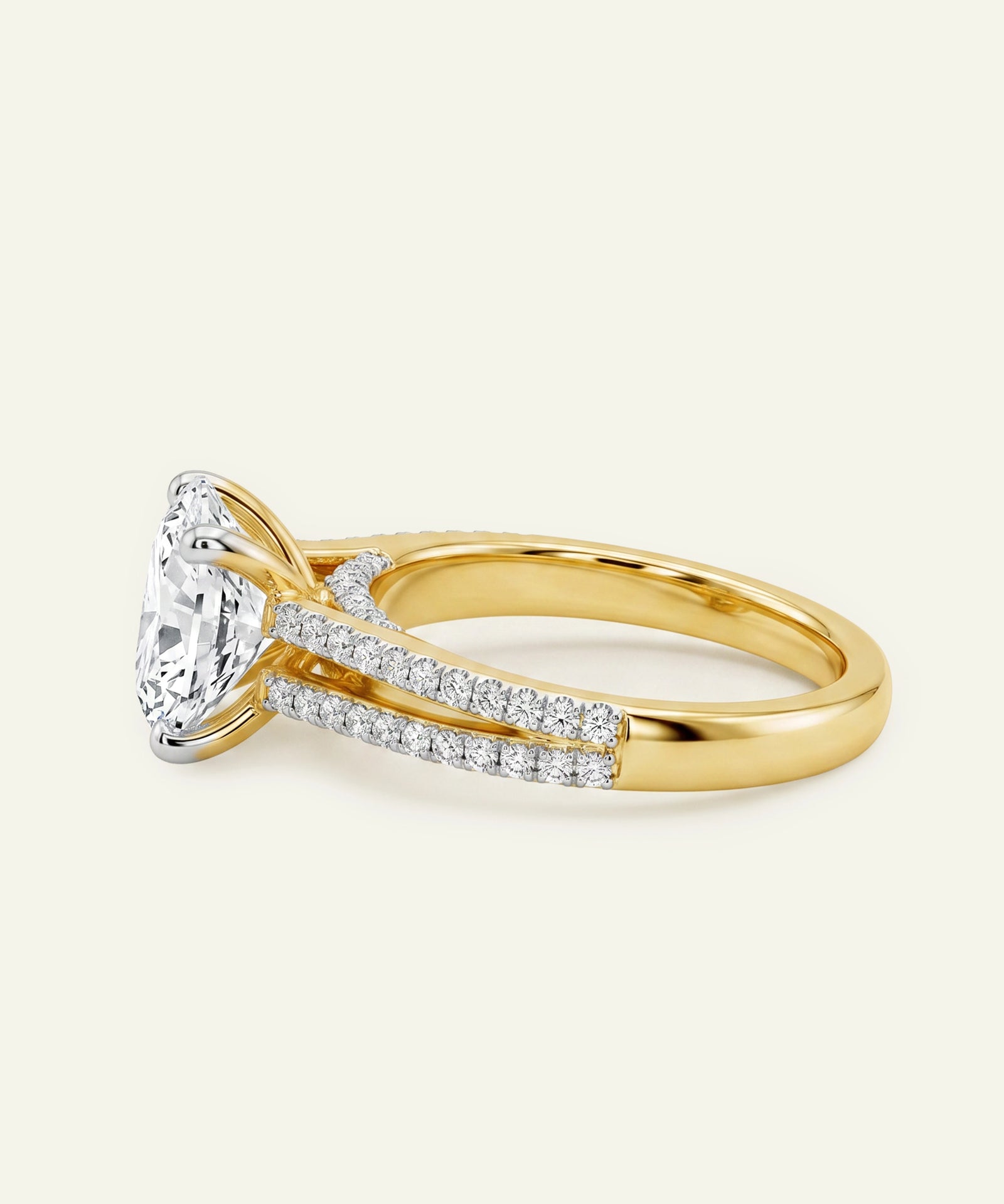 Gold ring with a diamond on a light beige background