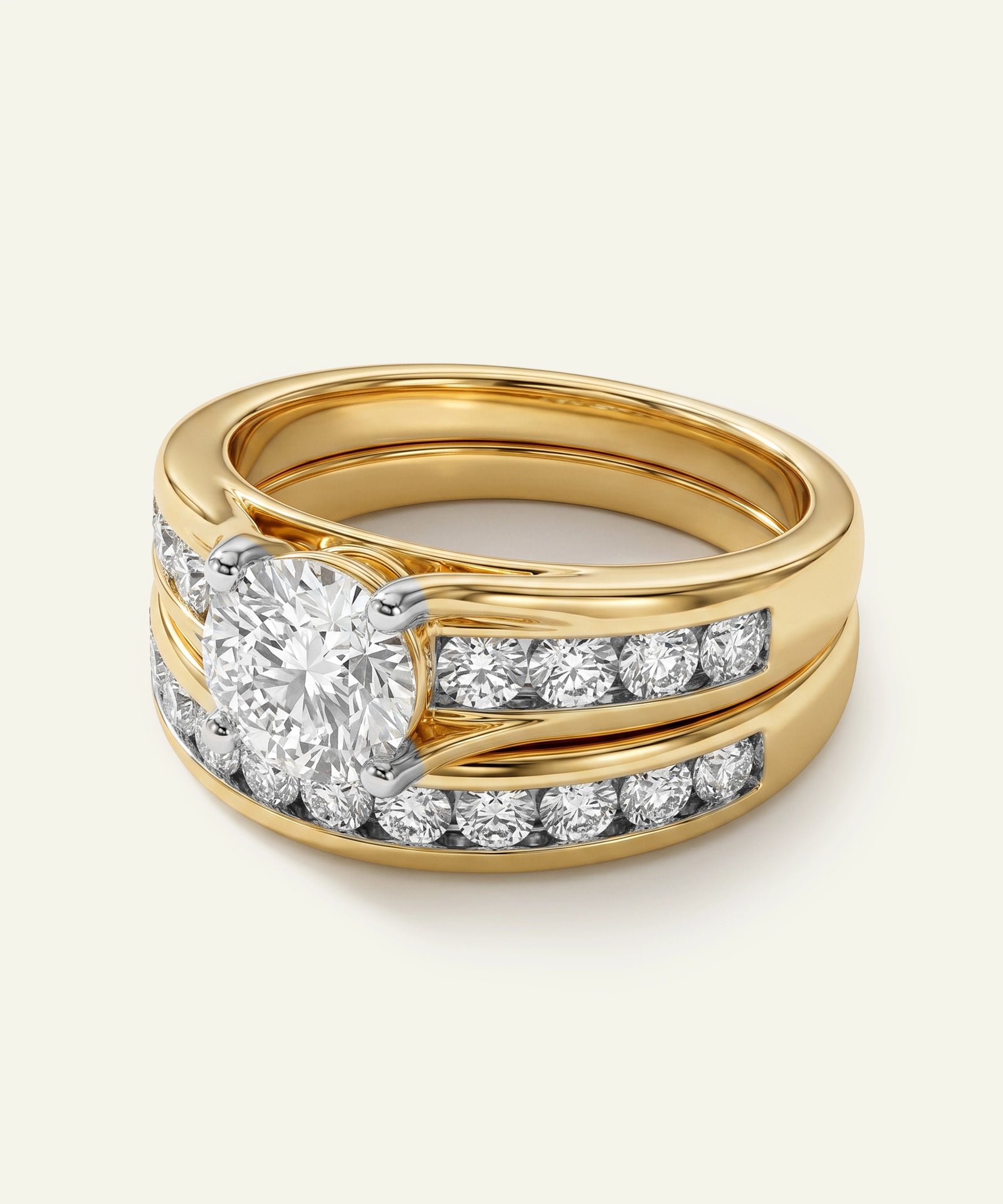 Gold ring with diamond accents on a white background