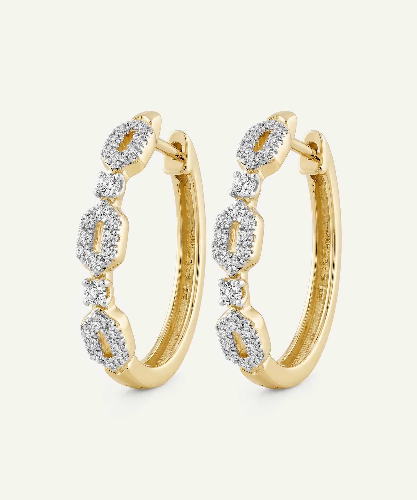 yellow gold diamond geometric link hoop earrings with pave accents.