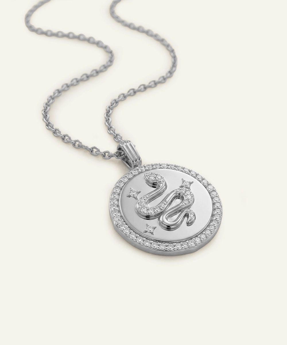 Silver necklace with a round pendant on a white background