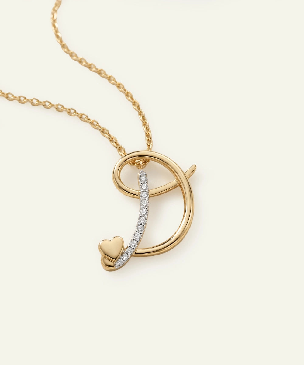 Gold necklace with a heart-shaped pendant on a white background