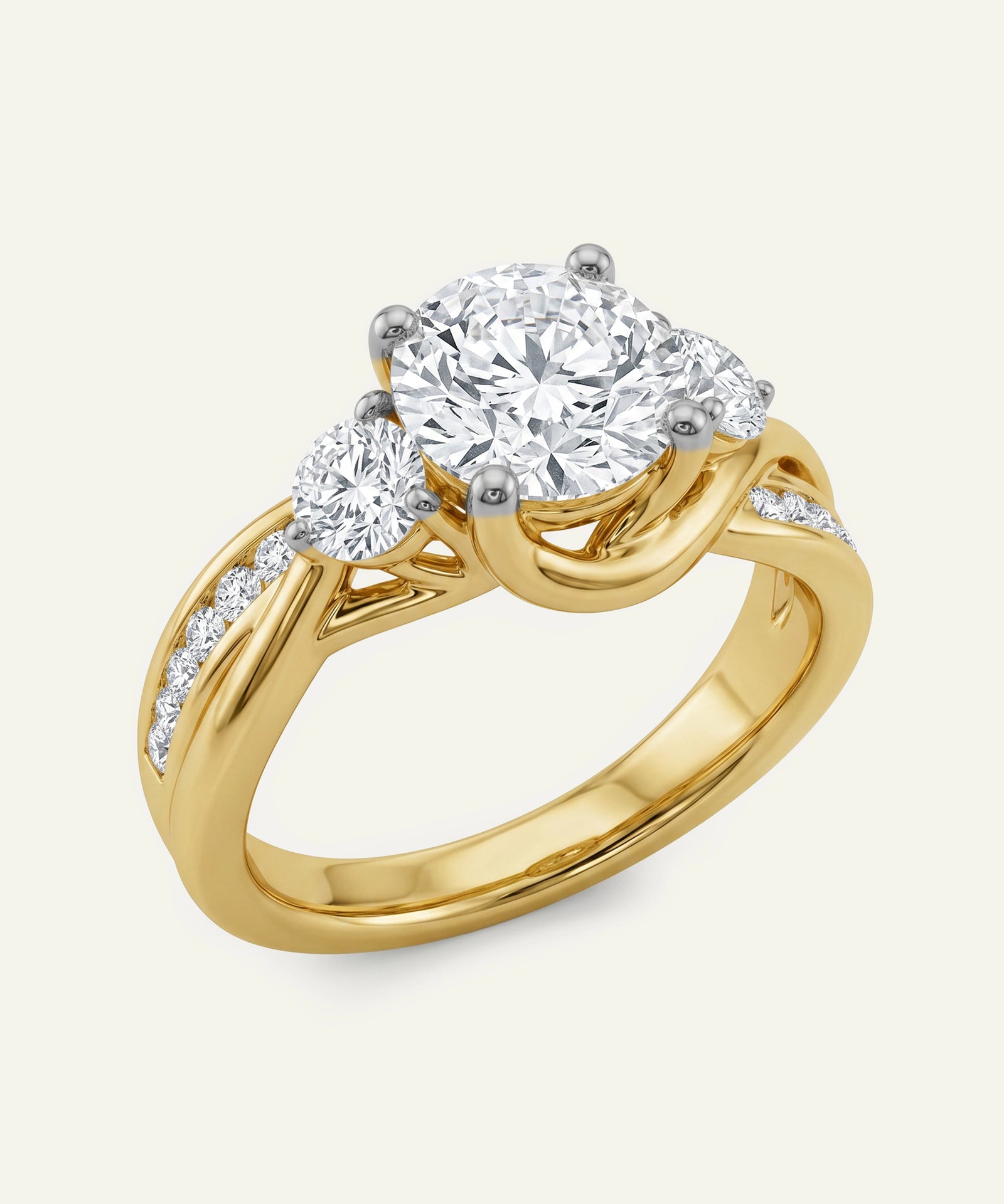 Gold ring with a large diamond and smaller diamonds on a light beige background