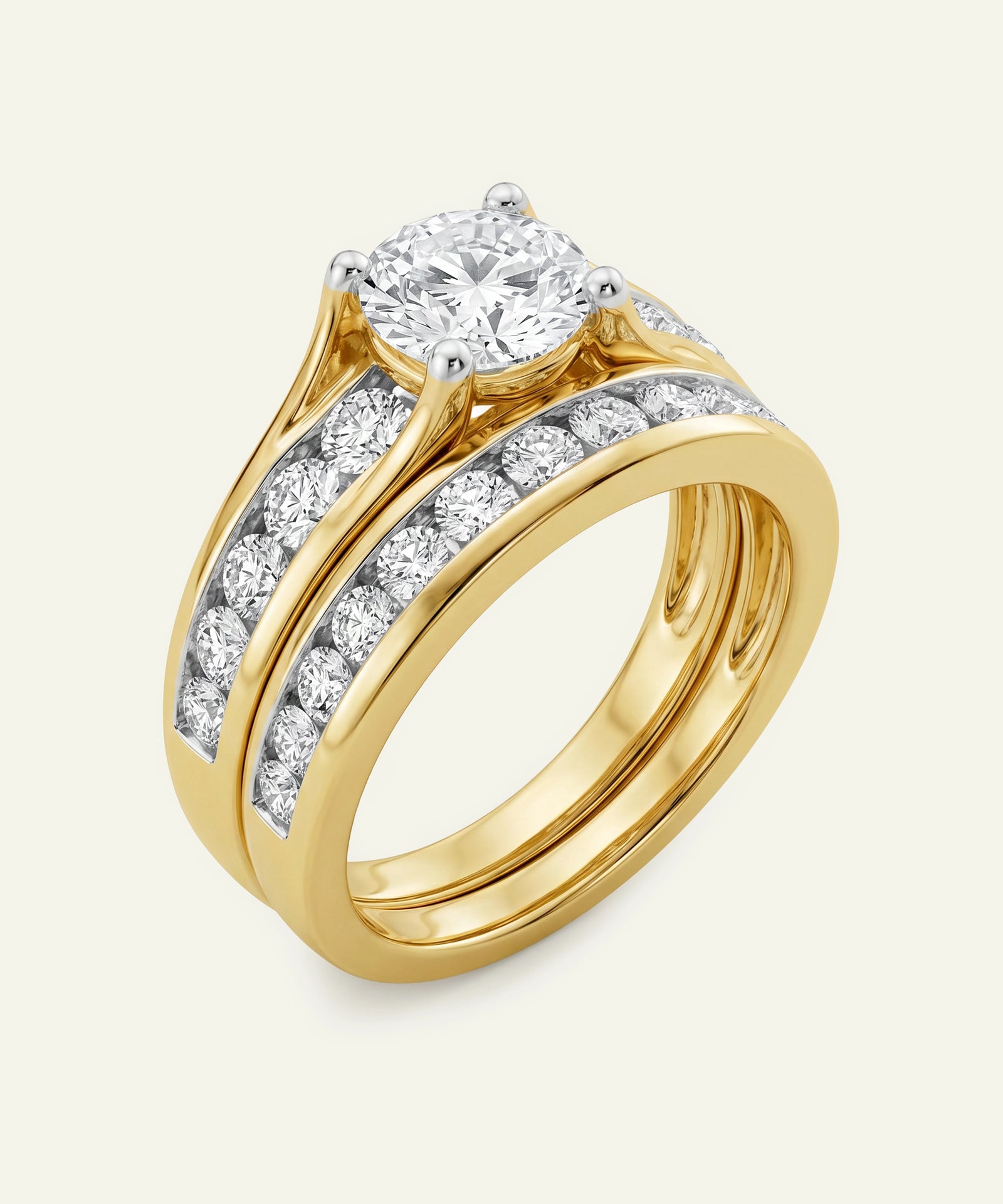 Gold ring with diamond accents on a white background