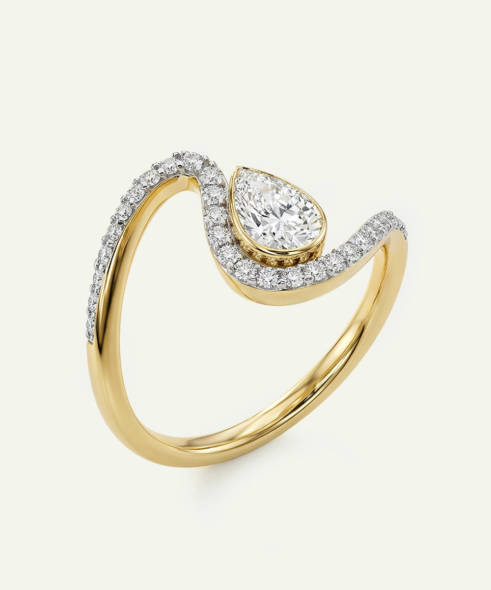 Gold ring with a central diamond and smaller diamonds on a white background