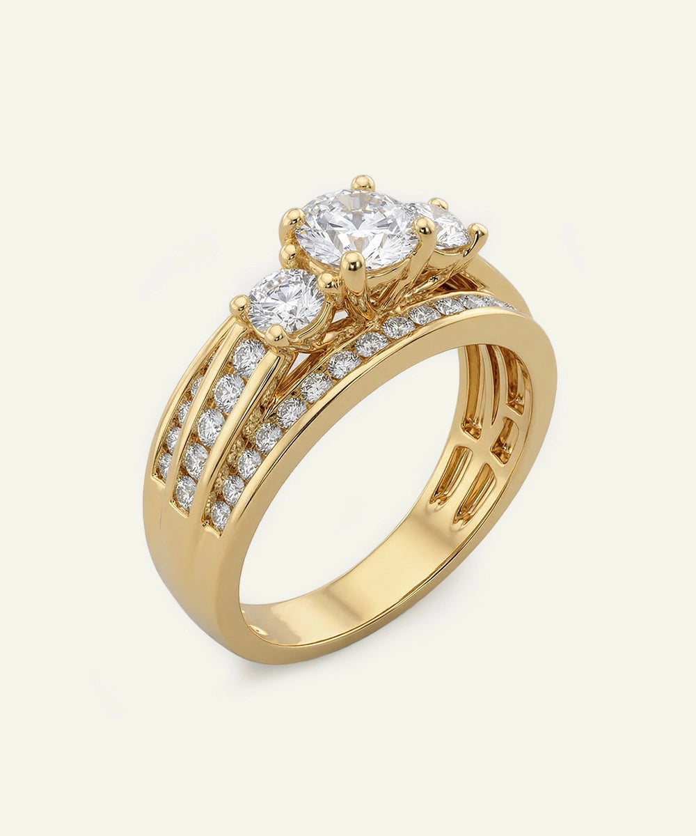 Gold ring with diamonds on a white background