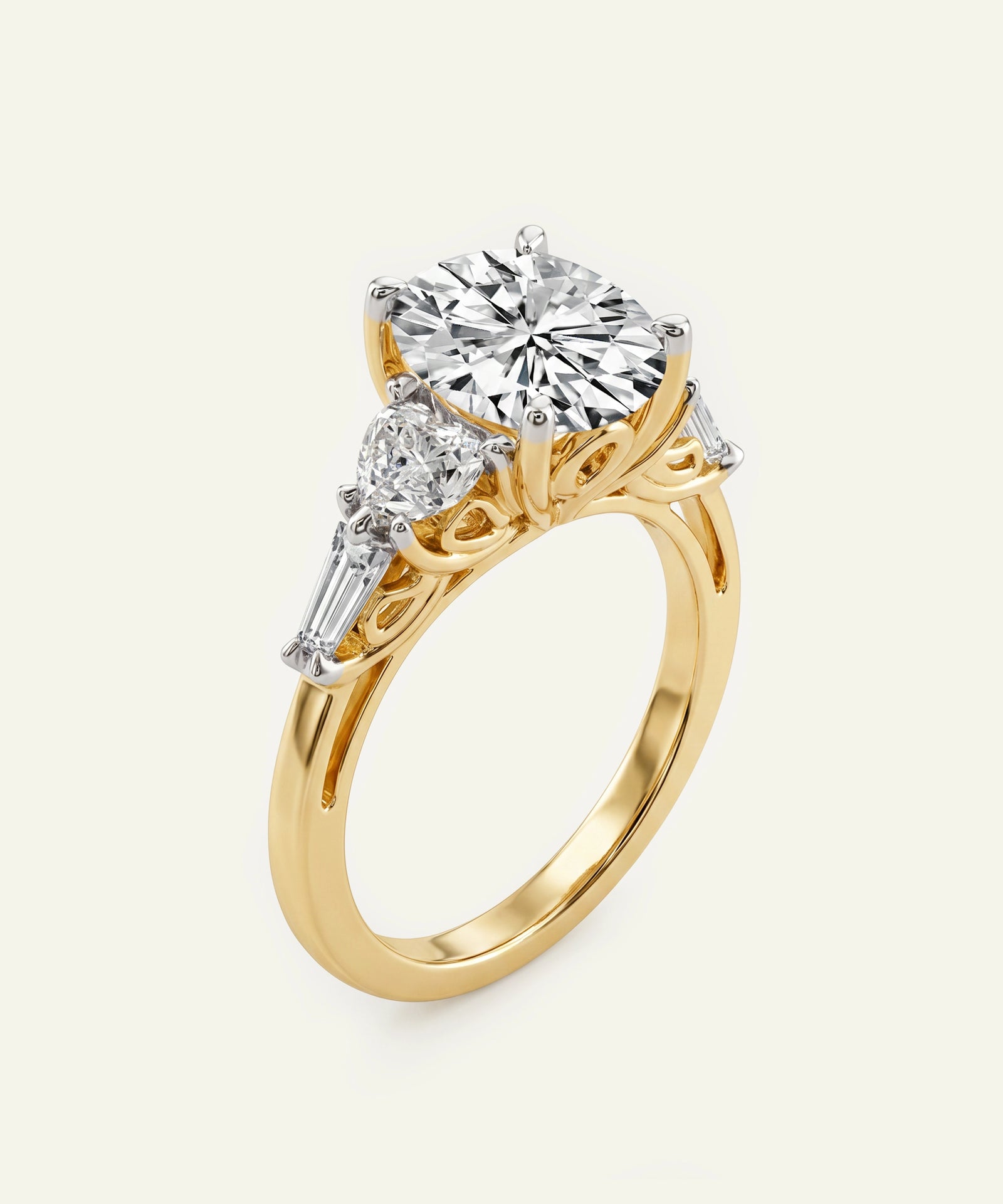 Gold ring with a large diamond and smaller diamonds on a white background