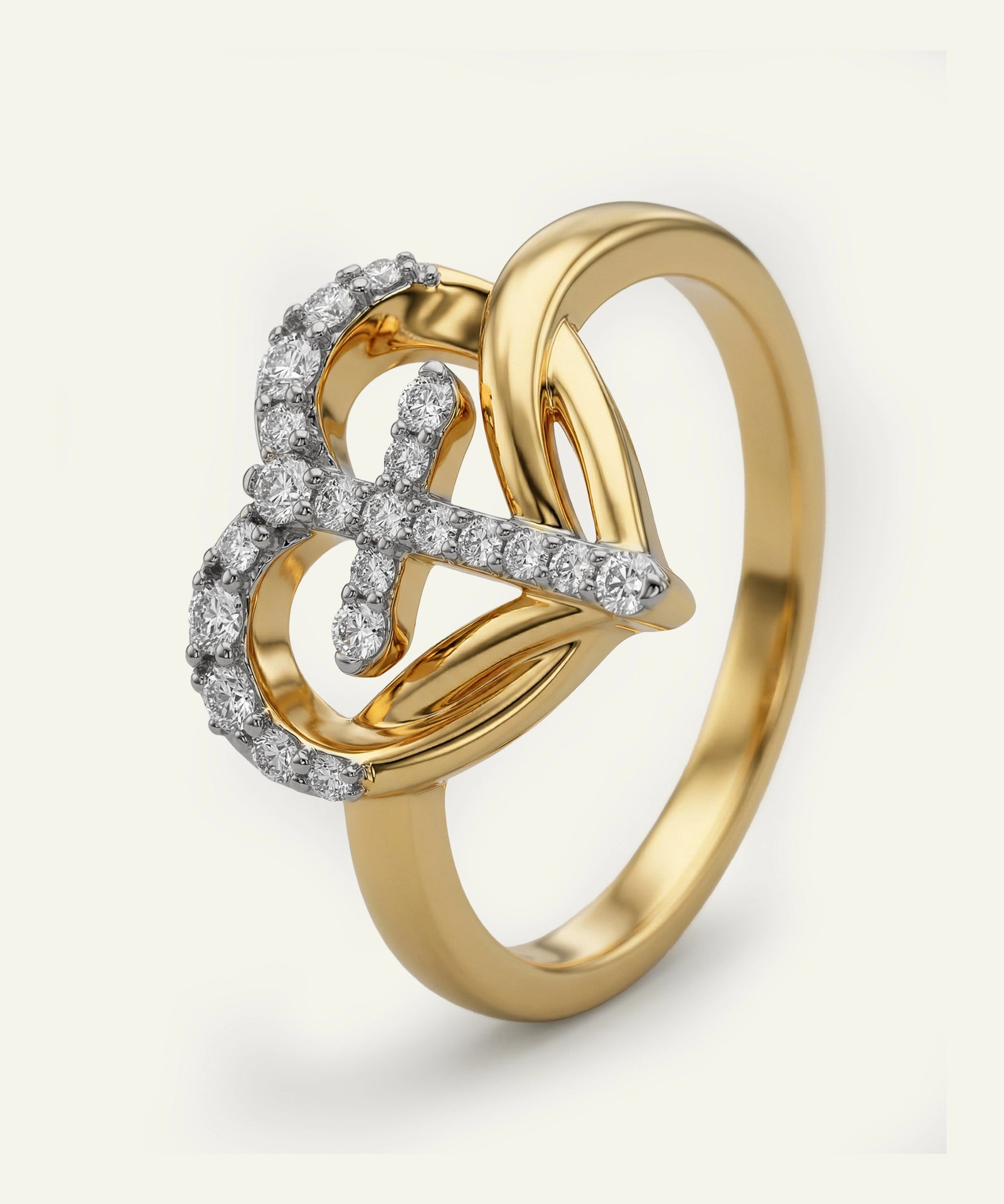 Gold ring with diamond accents on a white background