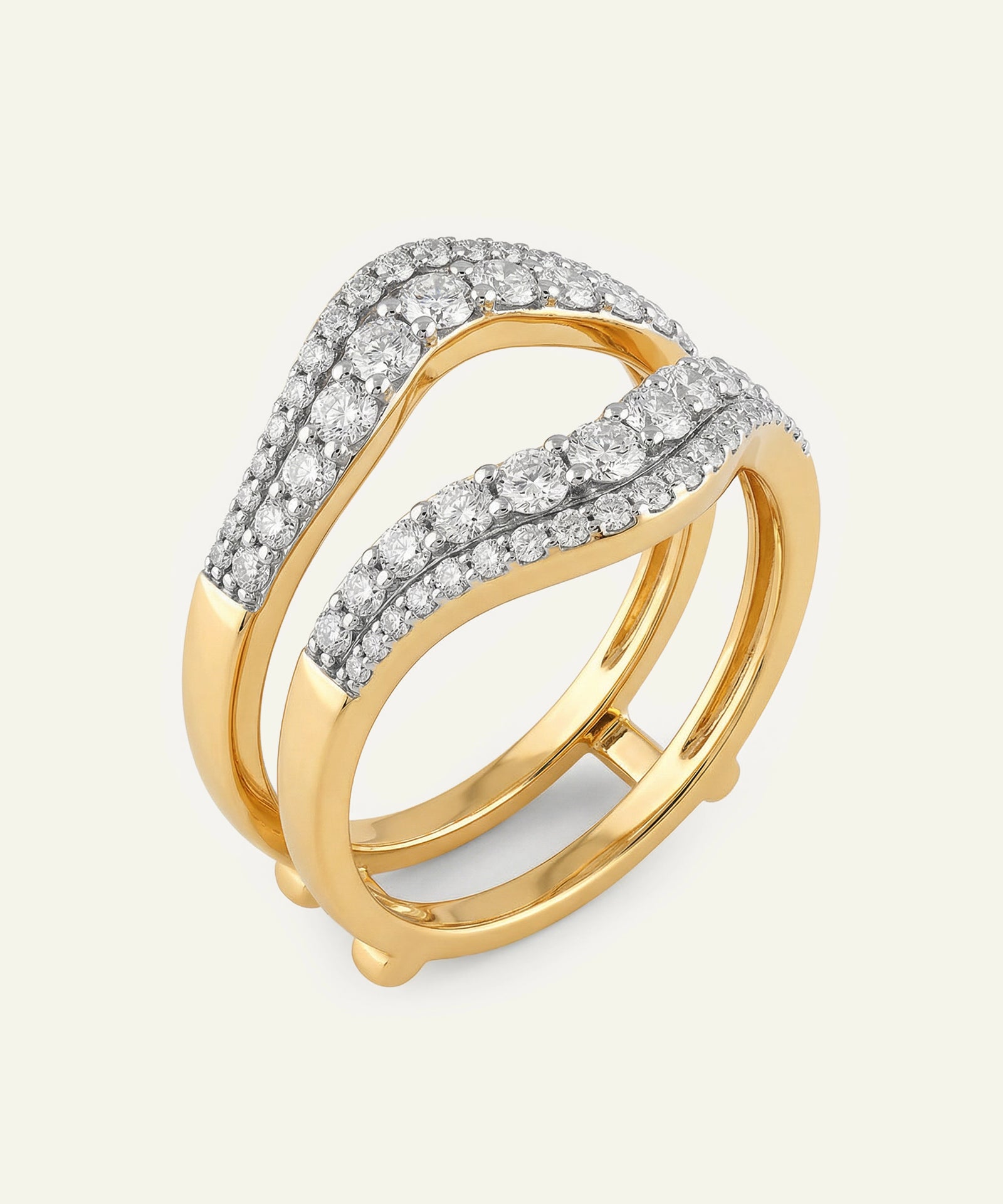Gold ring with diamond accents on a white background