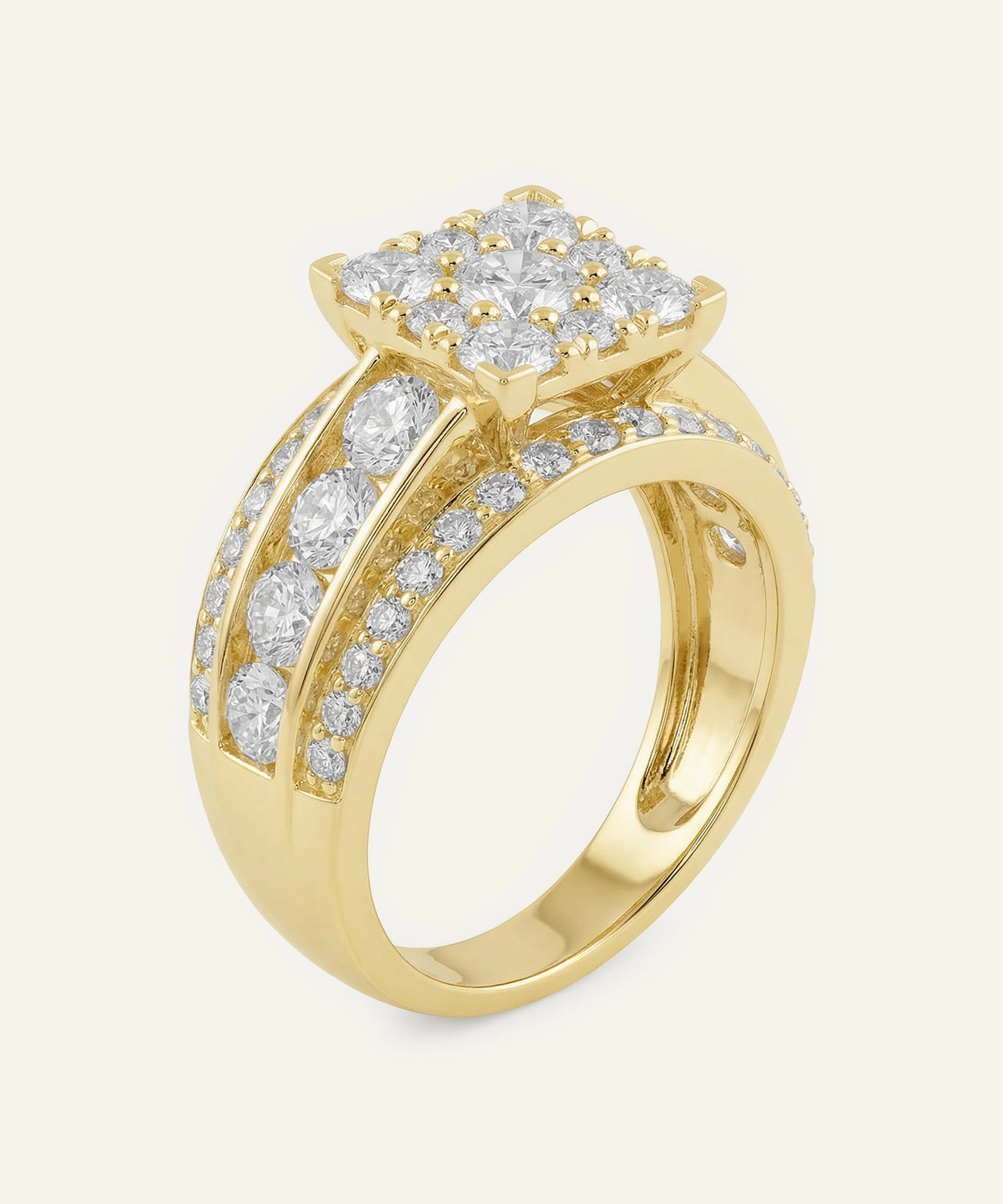 Gold ring with diamond accents on a white background