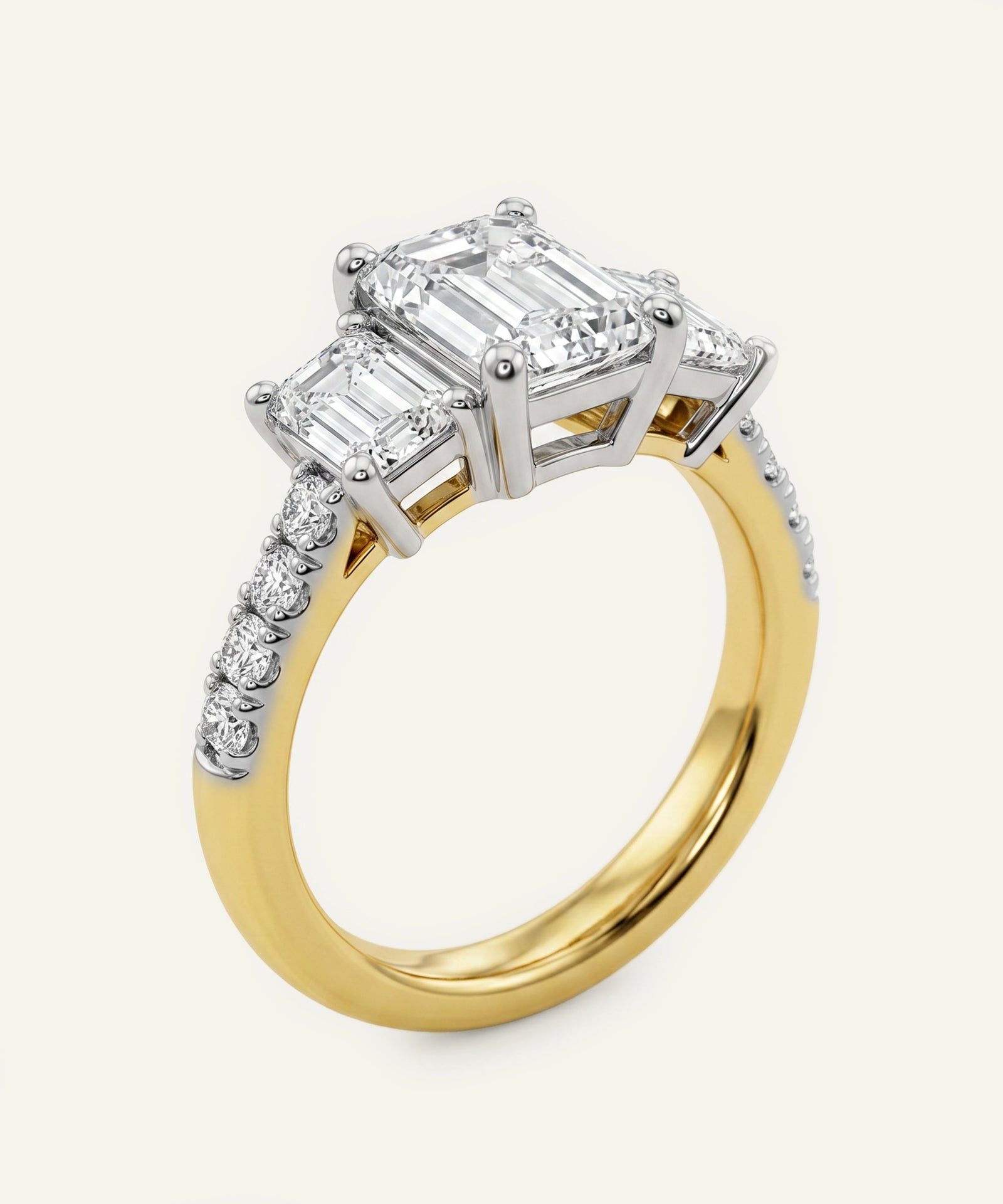 Gold and diamond ring with a white background