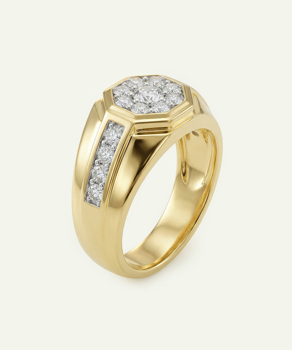 Gold ring with diamond accents on a white background