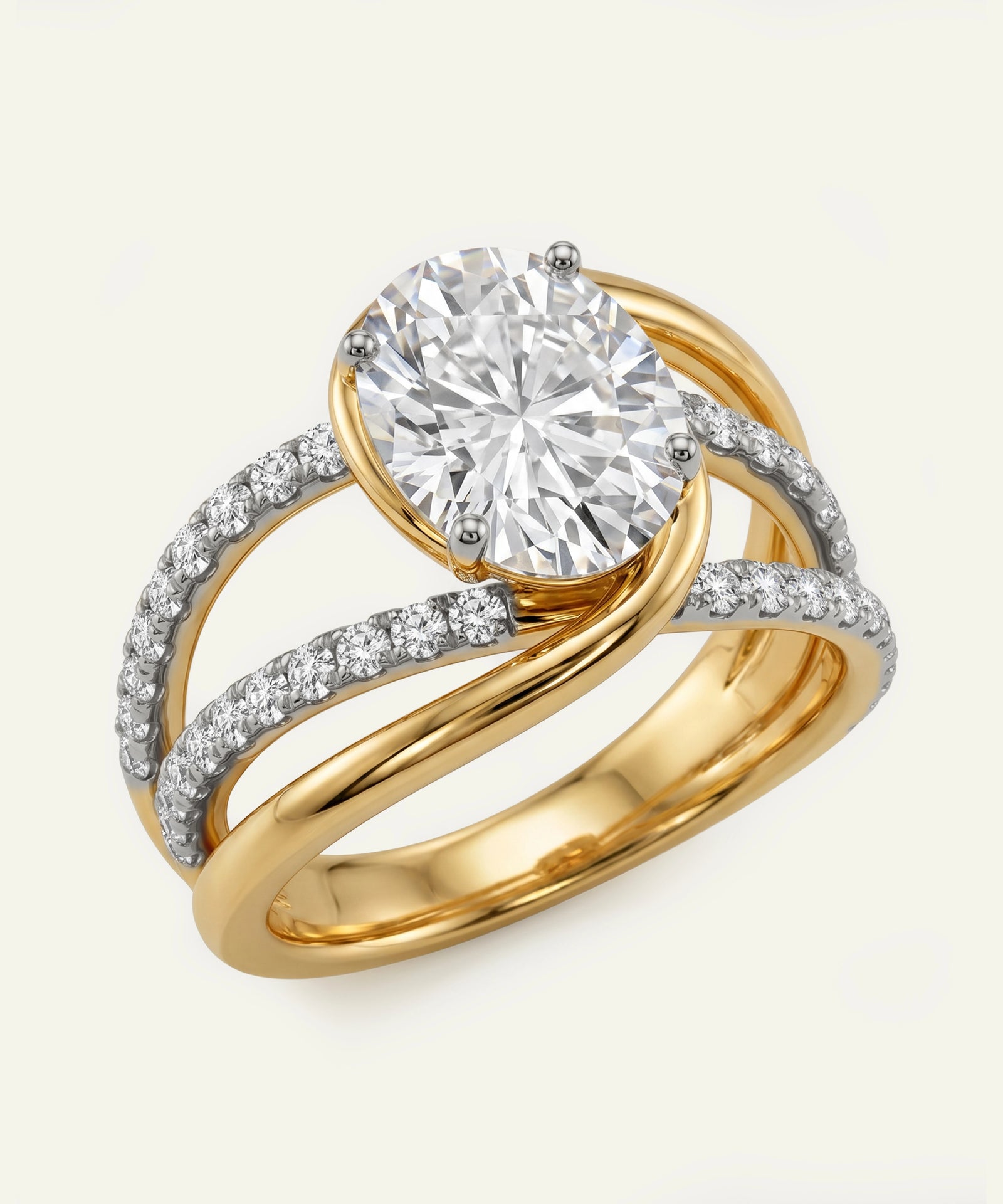 Gold ring with a large diamond and smaller diamonds on a white background