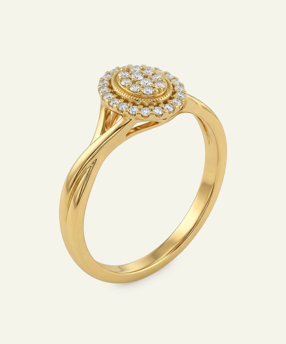 Gold ring with diamond accents on a white background