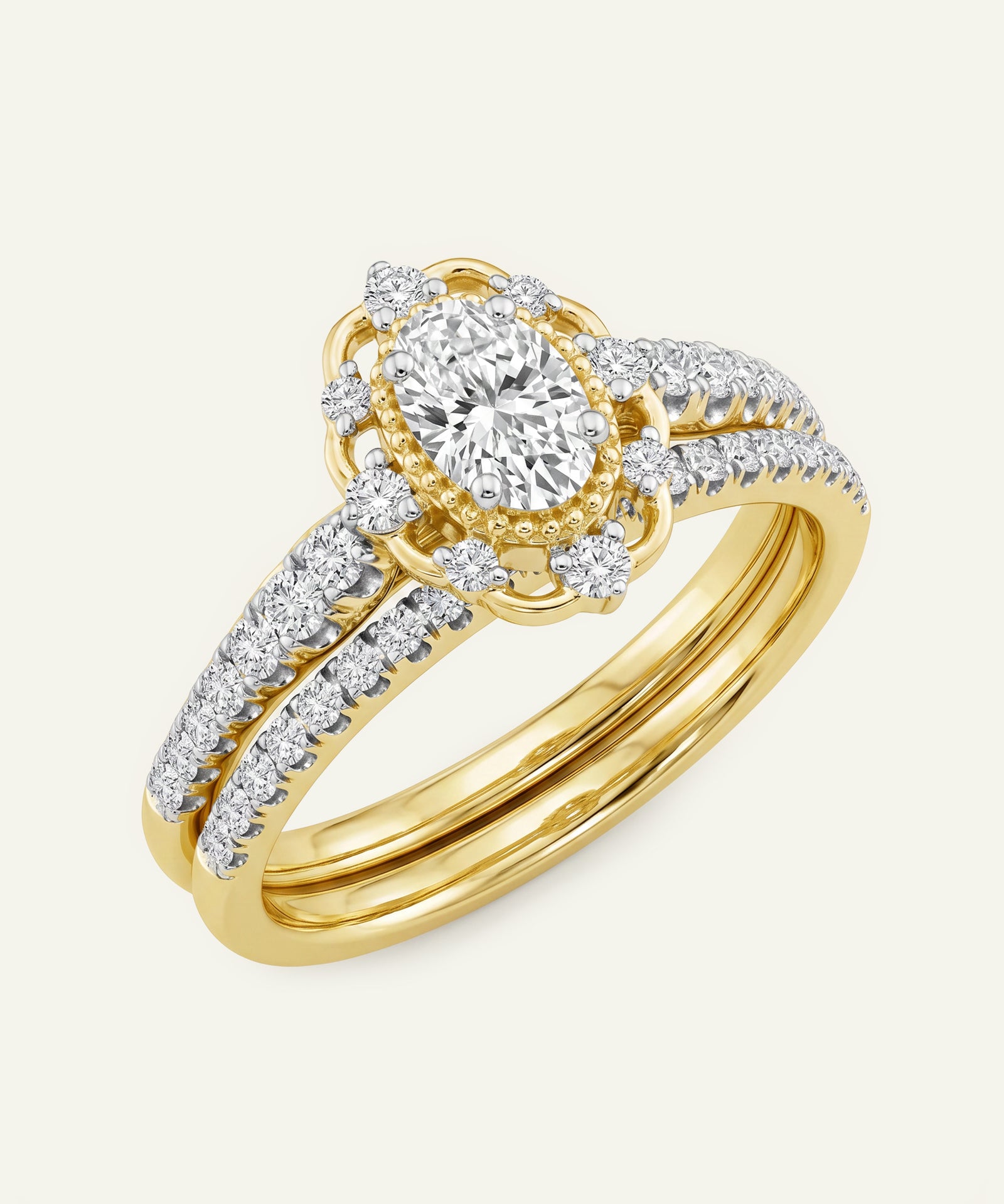Gold ring with diamond accents on a white background