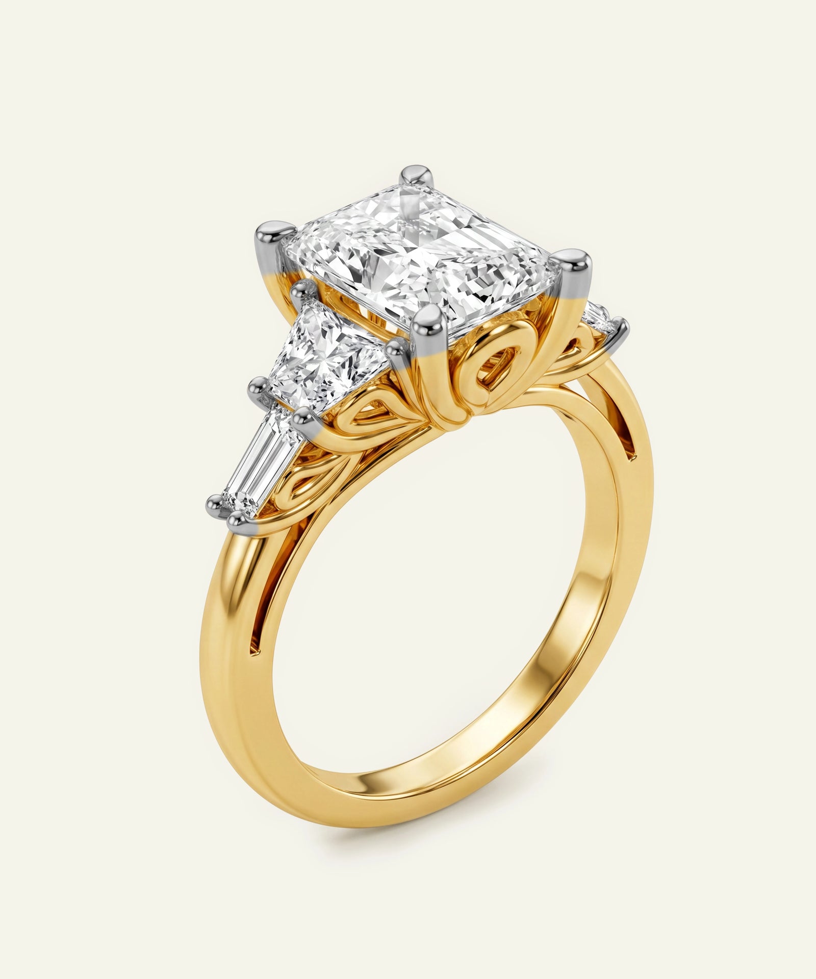 Gold ring with diamond stones on a white background