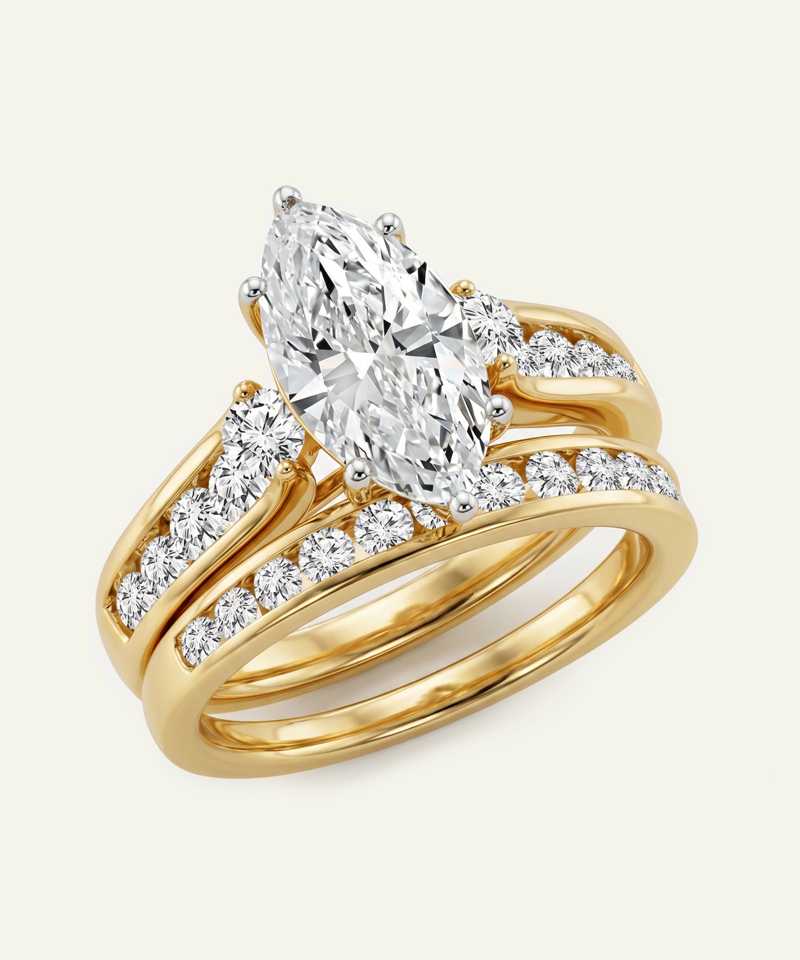 Gold ring with a large diamond and smaller diamonds on a light beige background
