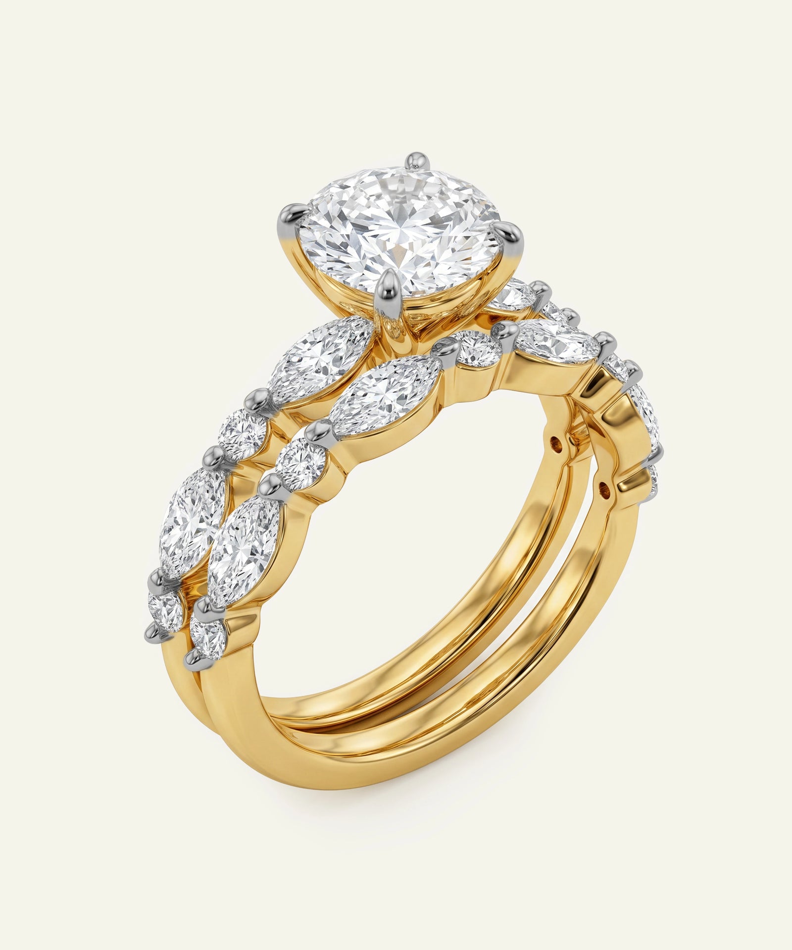 Gold ring with a large diamond and smaller diamonds on a white background