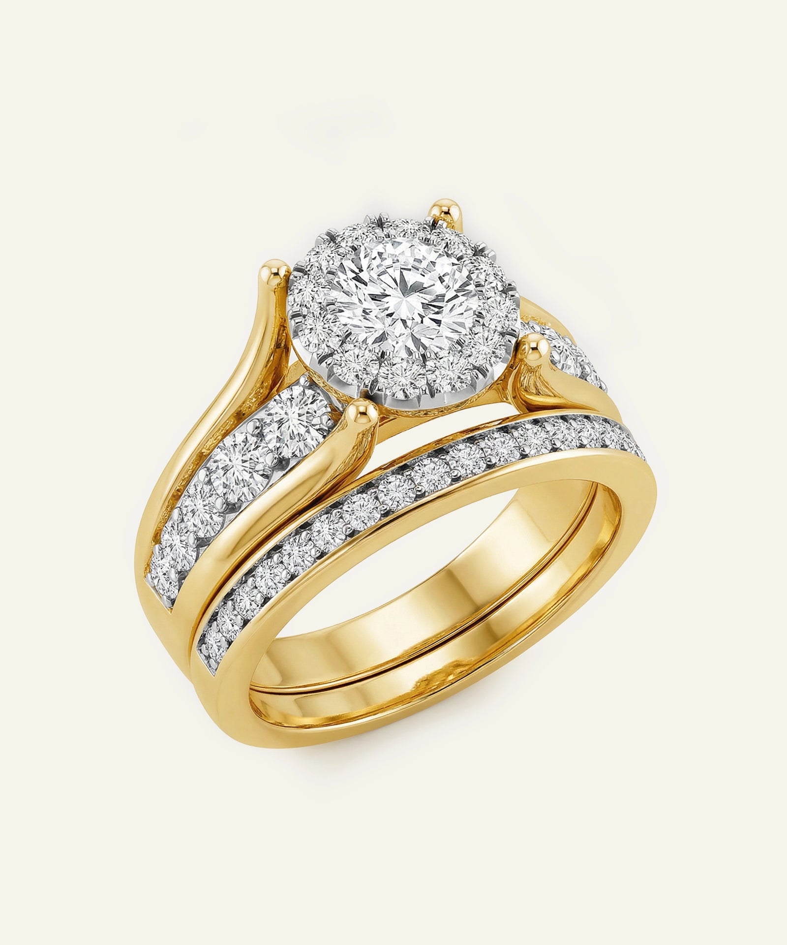 Gold ring with a large diamond and smaller diamonds on a white background