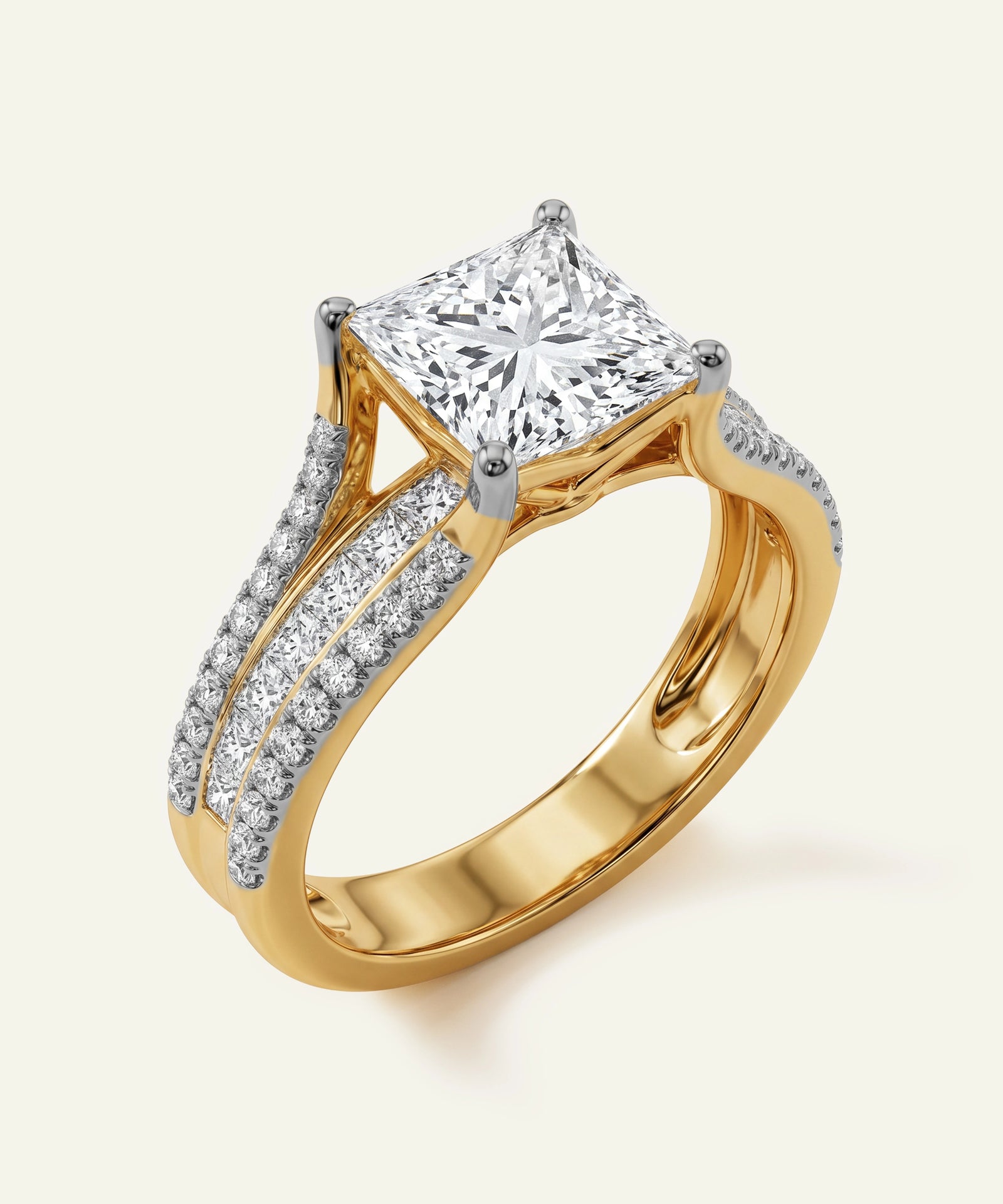 Gold ring with a large diamond and smaller diamonds on the band against a white background