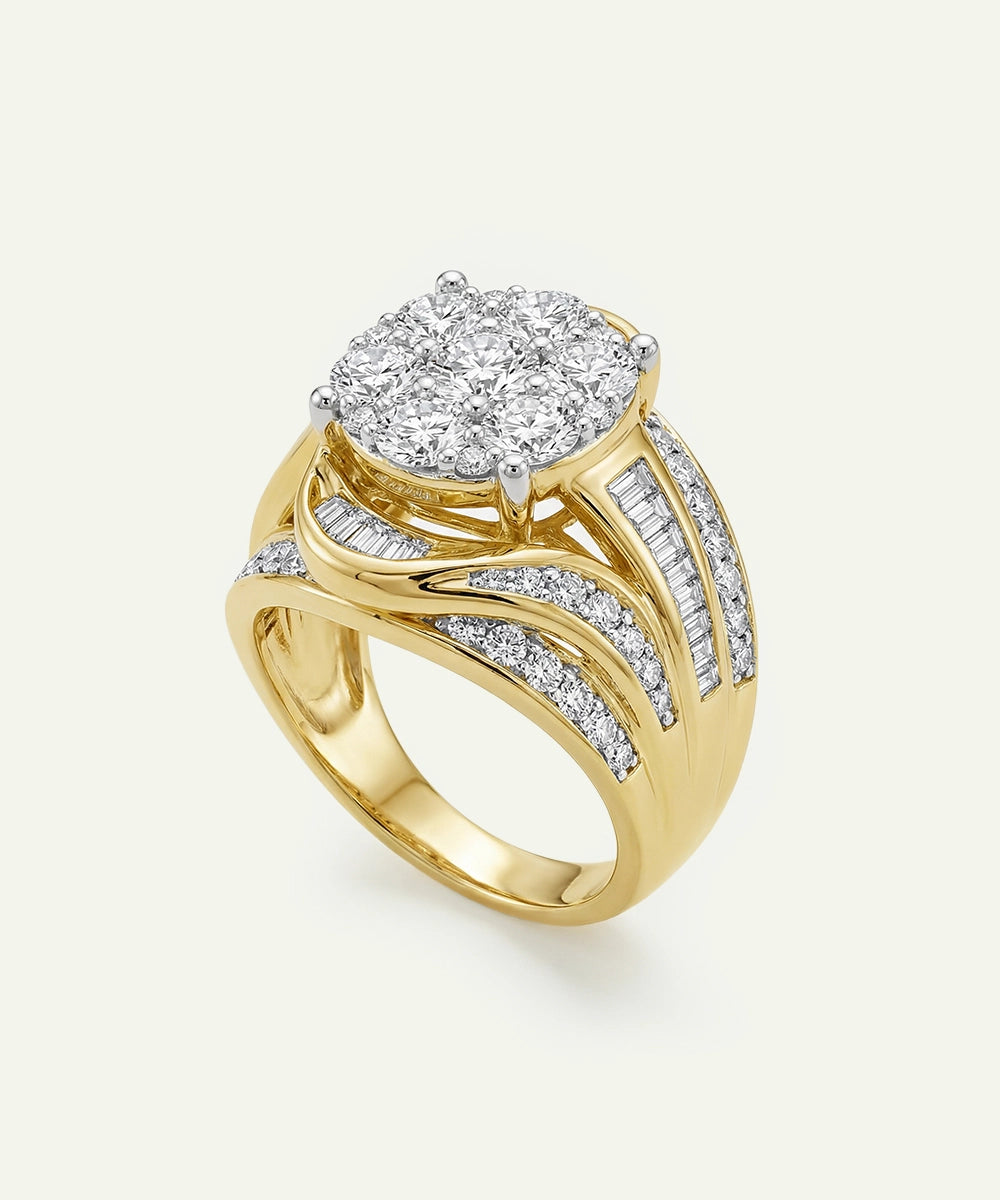 Gold ring with diamond accents on a light gray background
