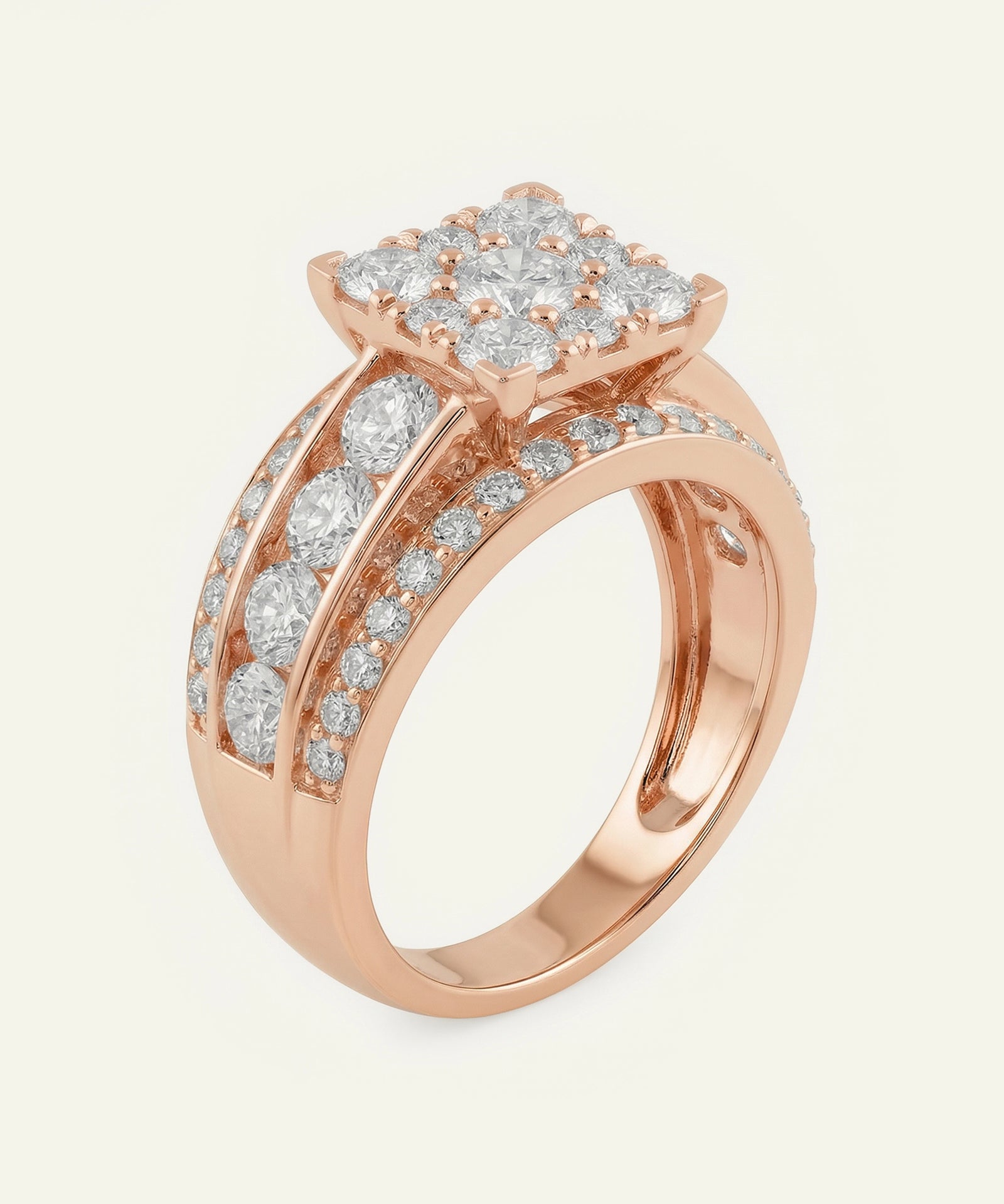 Rose gold ring with diamond accents on a light background