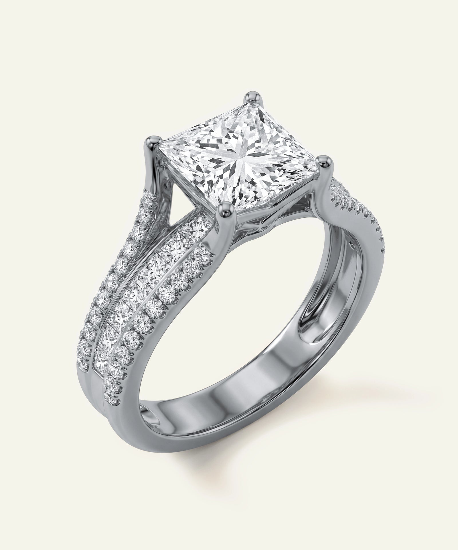 Diamond ring with a prominent central gemstone on a light background