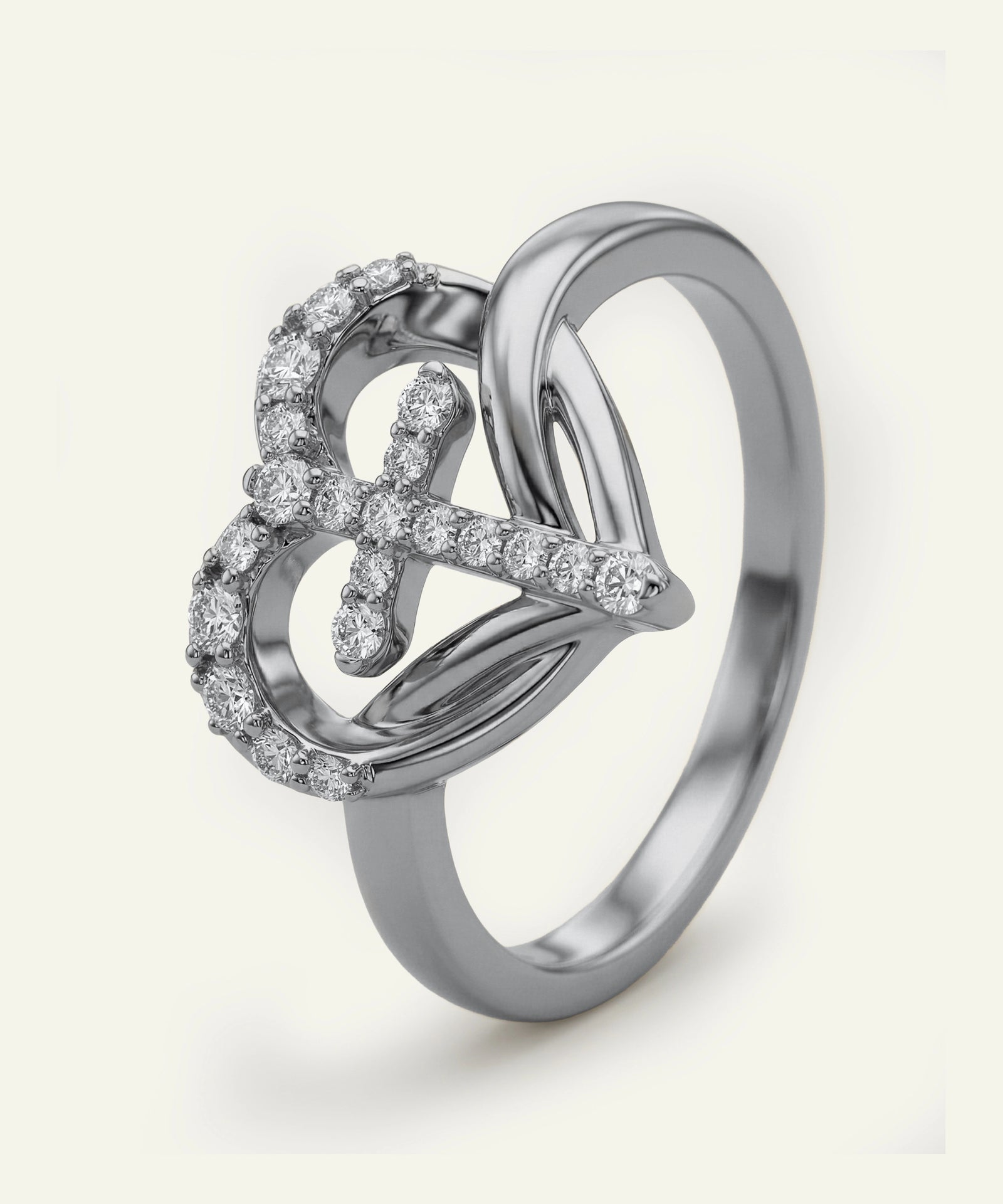 Silver ring with diamond accents on a white background