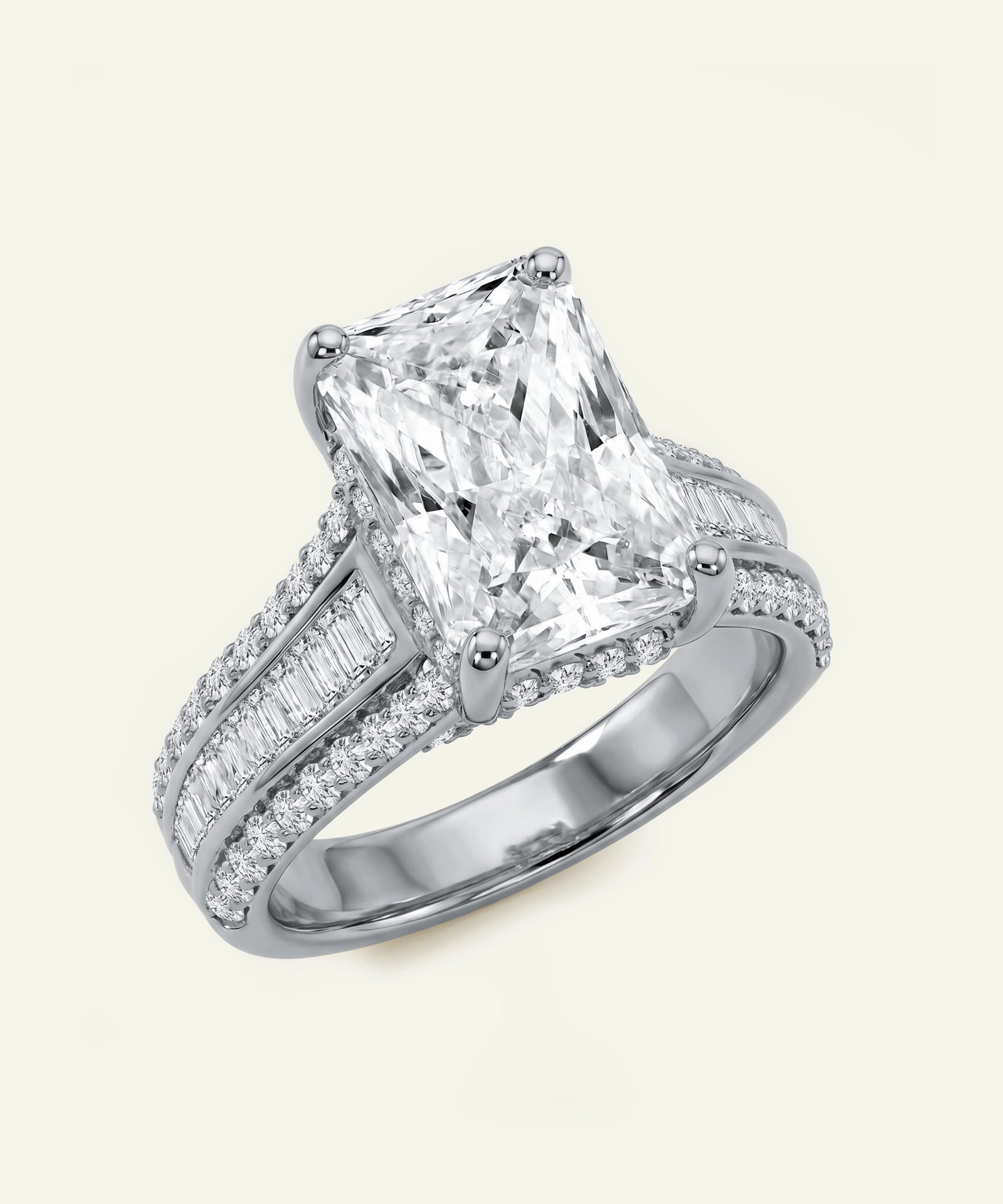 Diamond ring with a prominent central stone and smaller stones on a white background