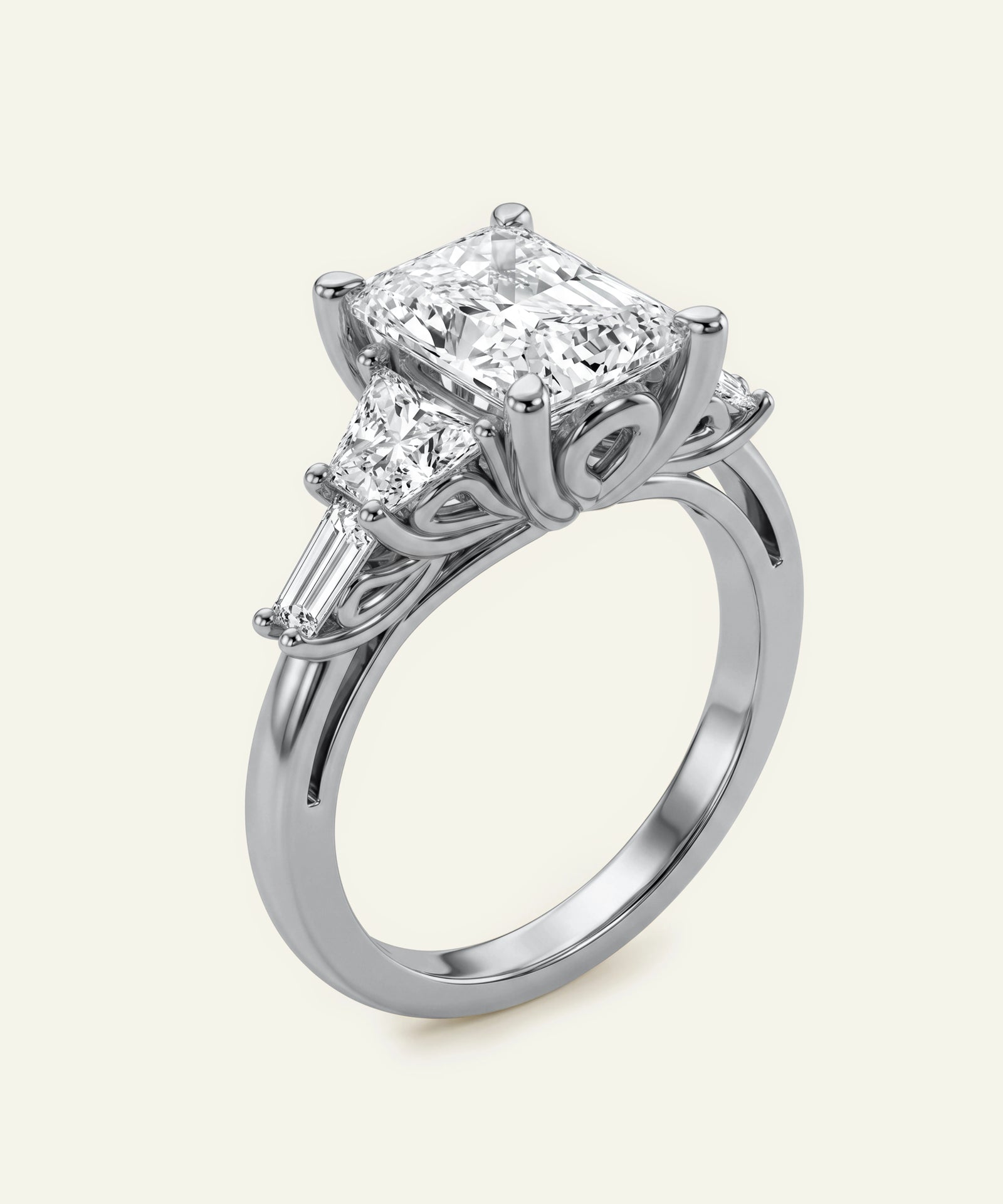 Diamond ring with a central square-cut diamond and two smaller round diamonds on a white background