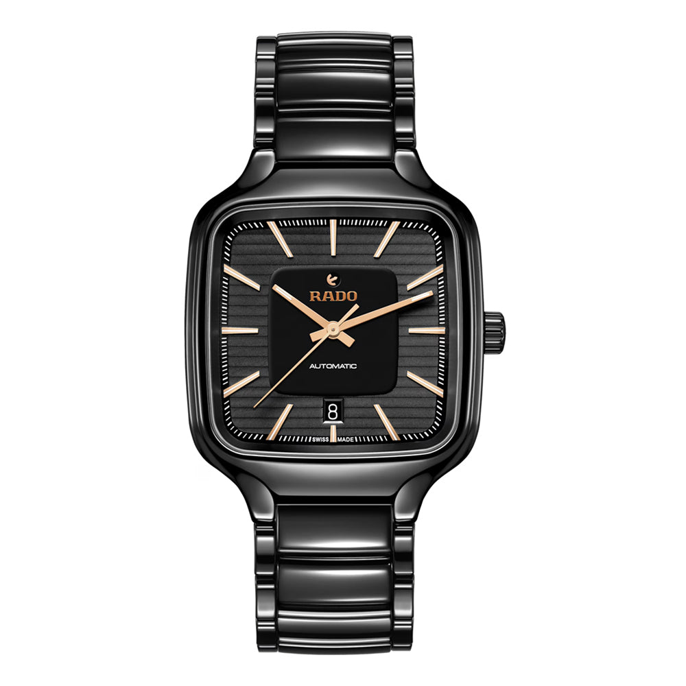 Black Rado watch with a white background