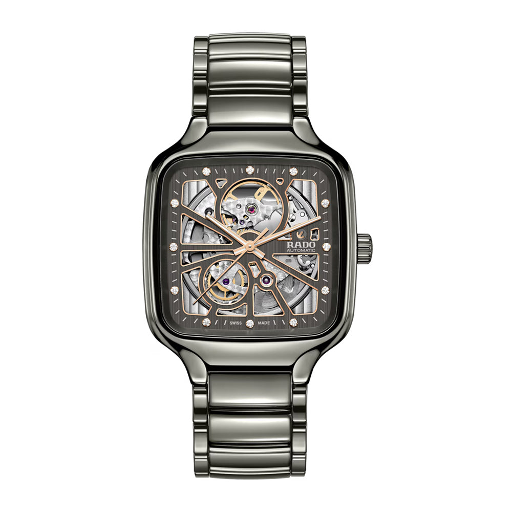 Silver Rado watch with a detailed face on a white background
