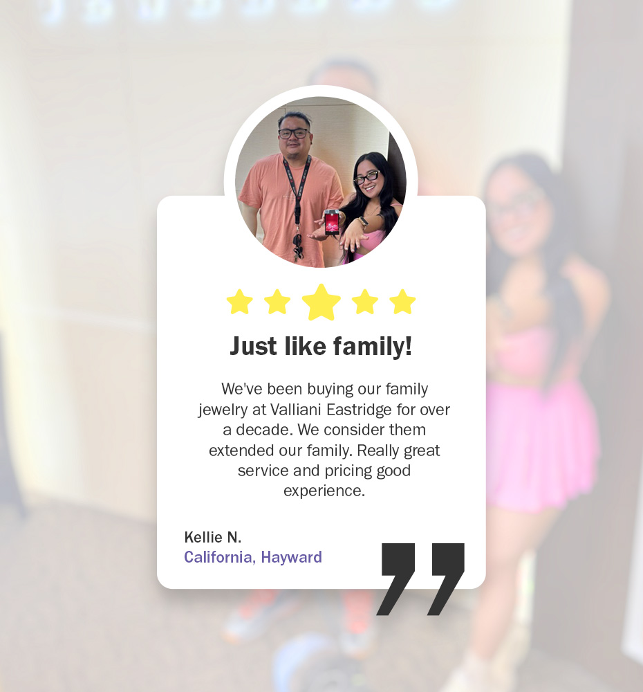  couple, with the woman's back to the camera, resting her hand on the man's shoulder. He is facing her, and she is wearing a newly acquired engagement ring.