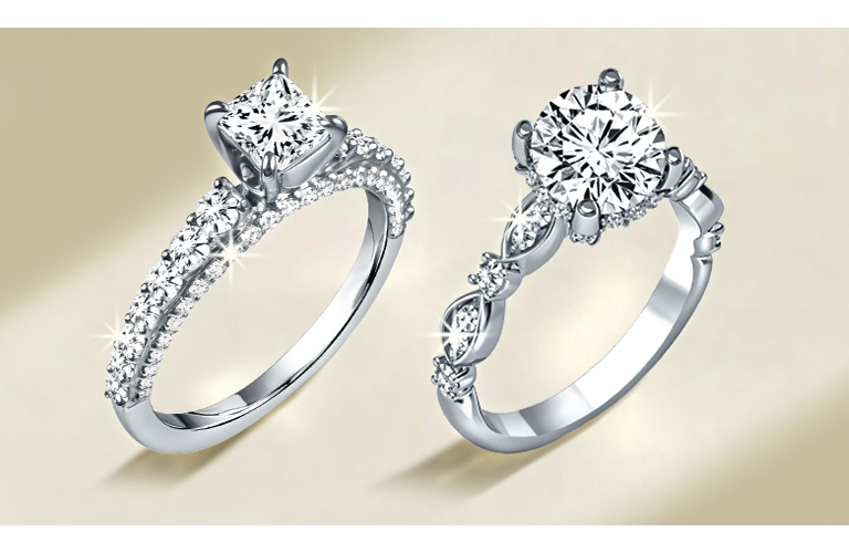 A wedding couple kissing with an engagement ring on display, with text that says 