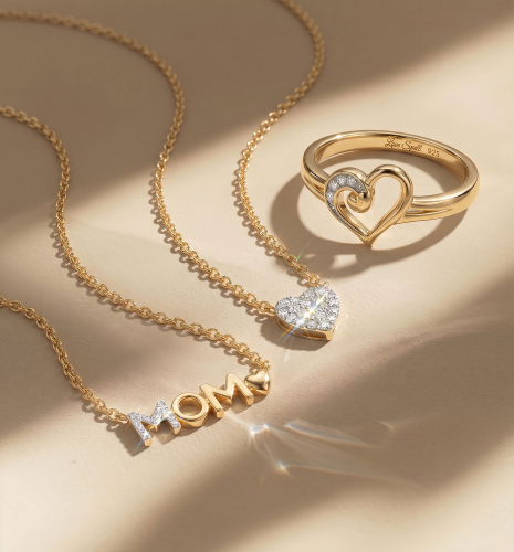Diamond infinity necklace, round diamond pendant necklace, and gold double heart bracelet displayed on red velvet