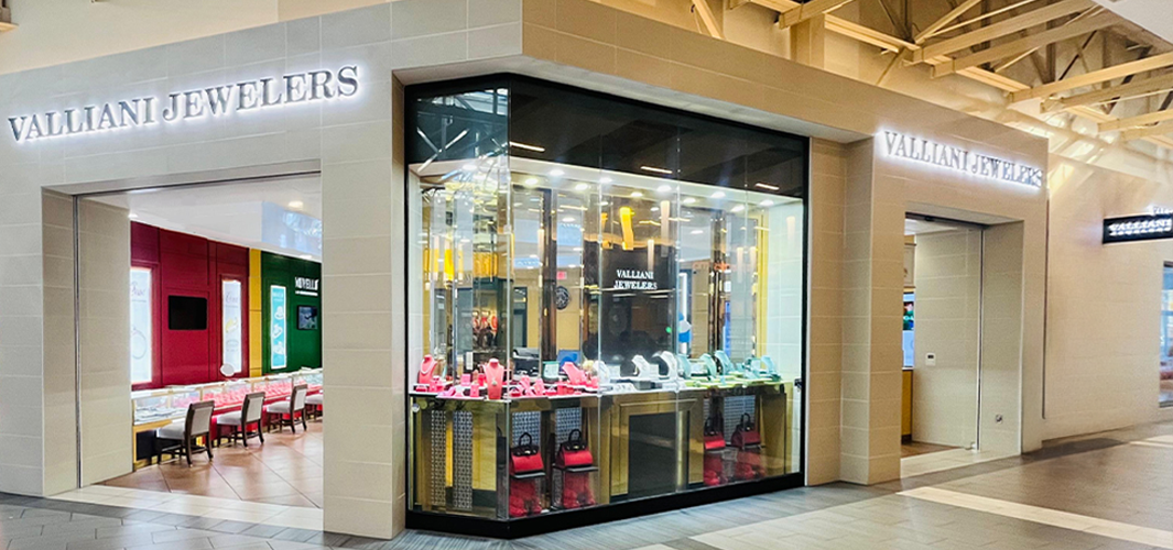 Outdoor view of a Valliani Jewelers store, inviting customers to visit.