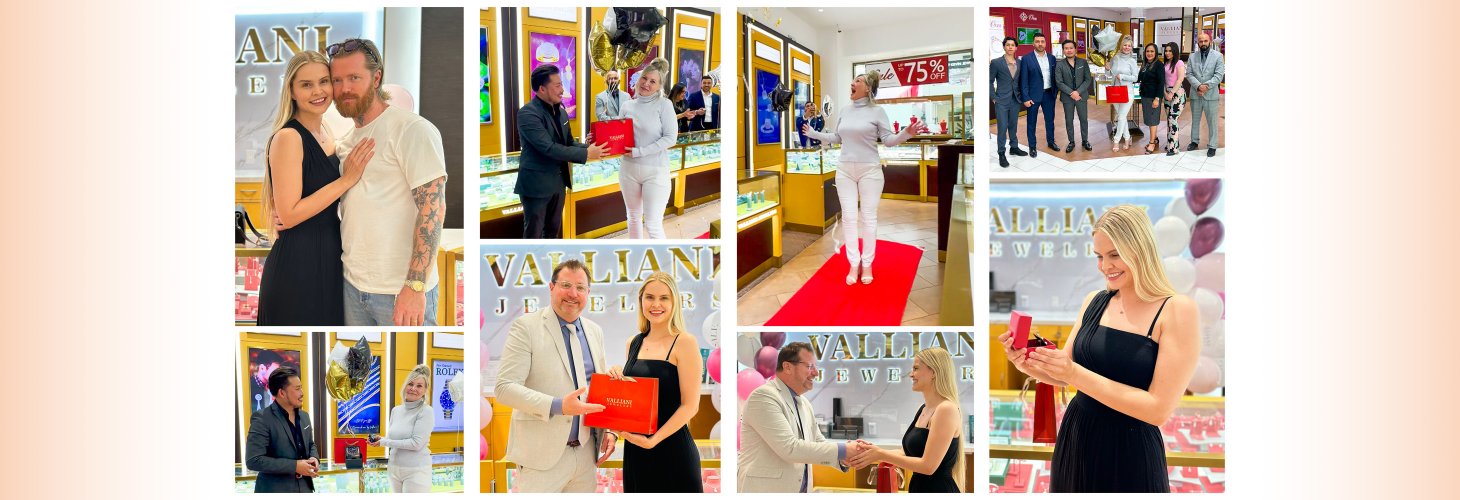 A collage of happy customers posing at our stores, proudly showcasing their jewelry purchases and celebrating their special moments.