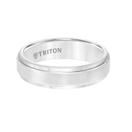 Triton 6mm White Tungsten Carbide Satin Finish Flat Center With Bright Step Edge Comfort Fit Band.