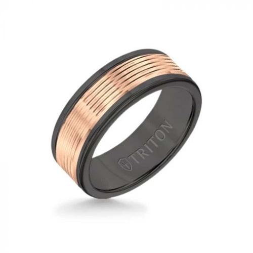 Triton 6mm Black Tungsten Carbide Band - Serrated Engraved 14k Rose Gold Insert With Round Edge