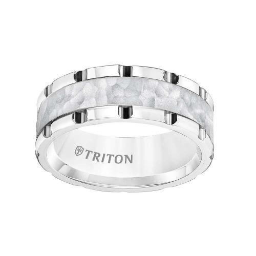 Triton 8mm White Tungsten Carbide Band With Link Edge, Sand Finish Hammered Center And Polished Rims