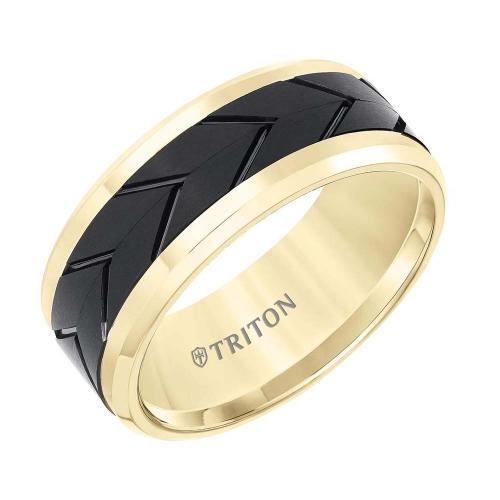 Triton 9mm Tungsten Carbide Comfort Fit Two Tone Men's Band With Black Flat Matte Tread Design Center And Yellow Beveled Rims