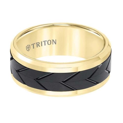 Triton 9mm Tungsten Carbide Comfort Fit Two Tone Men's Band With Black Flat Matte Tread Design Center And Yellow Beveled Rims