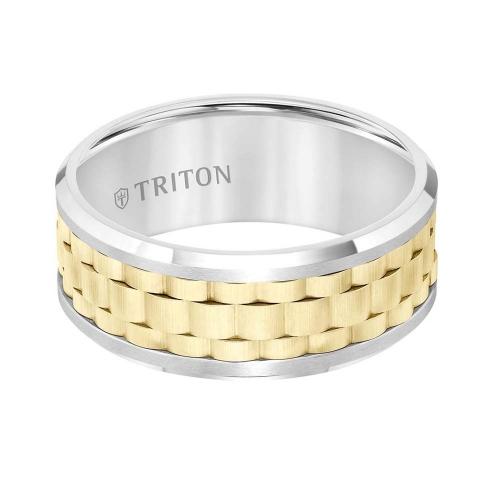 Triton 9mm White Tungsten Carbide Flat Comfort Fit Band With Yellow Basket Weave Center And Flat Rims