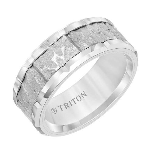 Triton 9mm Tungsten Carbide Comfort Fit Men's White Band With Gray Sand Blasted Textured Center With Vertical Cuts And Bright Cut Rims